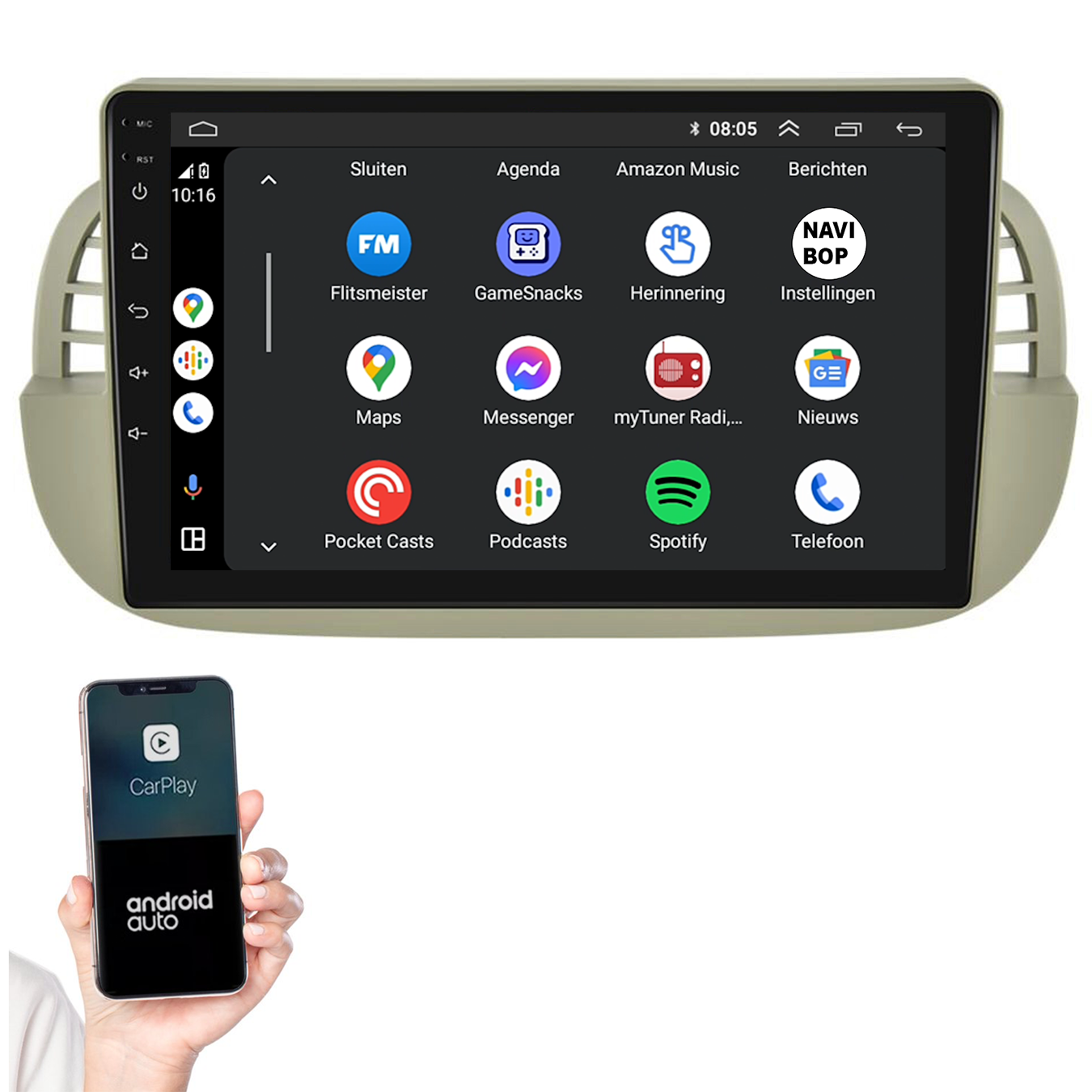 Fiat 500 | Autoradio | 2005 t/m 2017 | Android 14 | Apple CarPlay & Android Auto